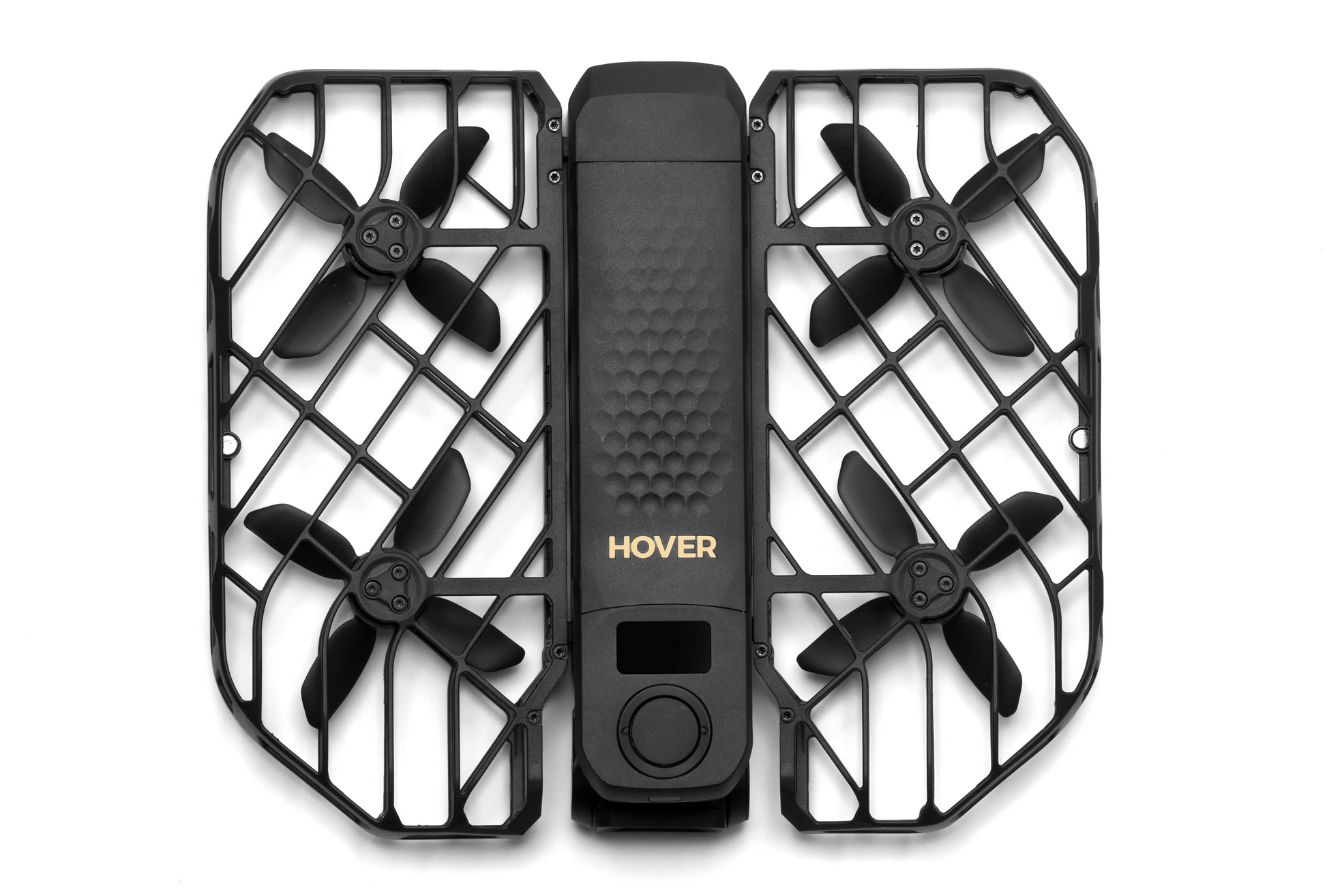 The elegant black HOVERAir X1 Pro Max drone by HOVERAir comes with four enclosed propellers and a central body featuring a textured "HOVER" design. Its AI tracking enables seamless self-flying, capturing dynamic aerial shots effortlessly.