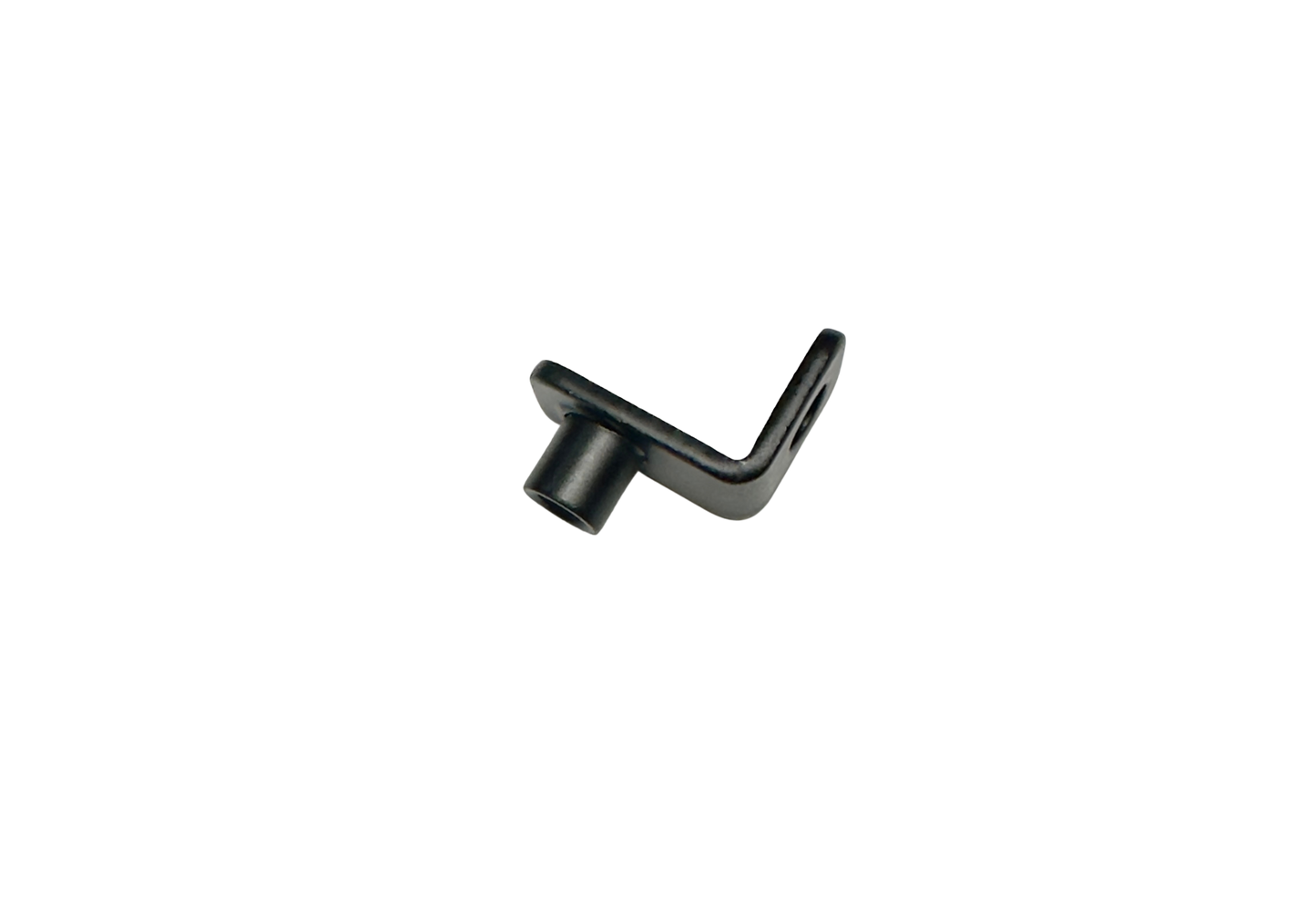 The Tampa Bay eBikes Universal 90° Front Fork Fender Bracket is a small, black L-shaped metal bracket with a cylindrical end and a hole on the other, shown isolated on a white background.