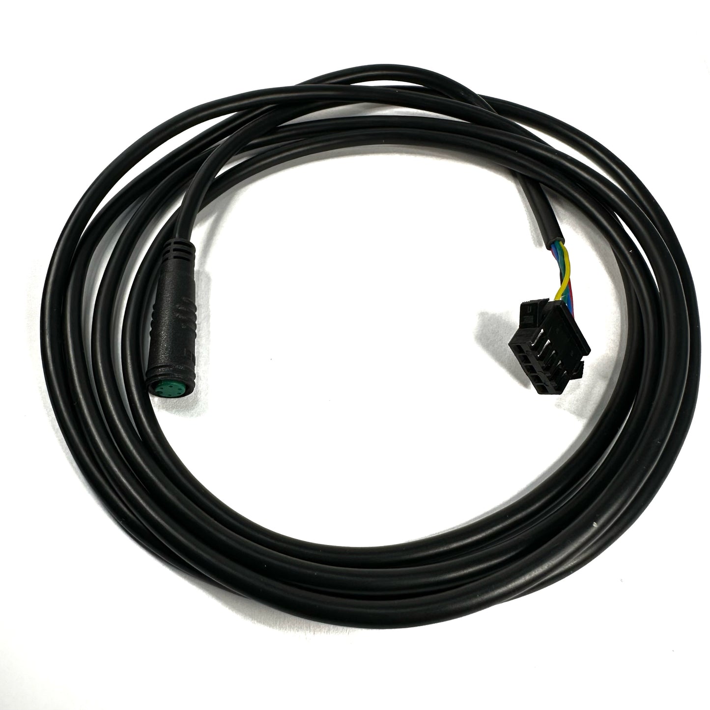 A black cable from ElectricAllWheel, featuring a female audio jack on one end and a multi-pin connector with colored wires on the other, fits the Replacement Controller and Display for Lectric XP2.0 & XP1.0, shown coiled on a white surface.