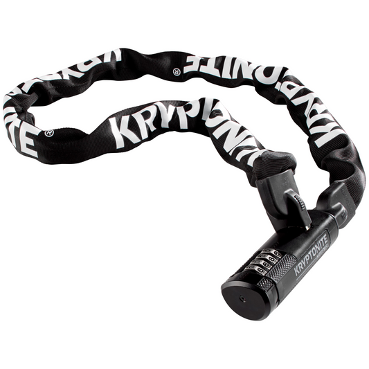 The Kryptonite Keeper 712 is a sleek black combination bike lock chain, showcasing the iconic "Kryptonite" branding in white on its sturdy fabric cover. Made with a manganese steel chain for superior security, it offers the added convenience of a resettable combination.