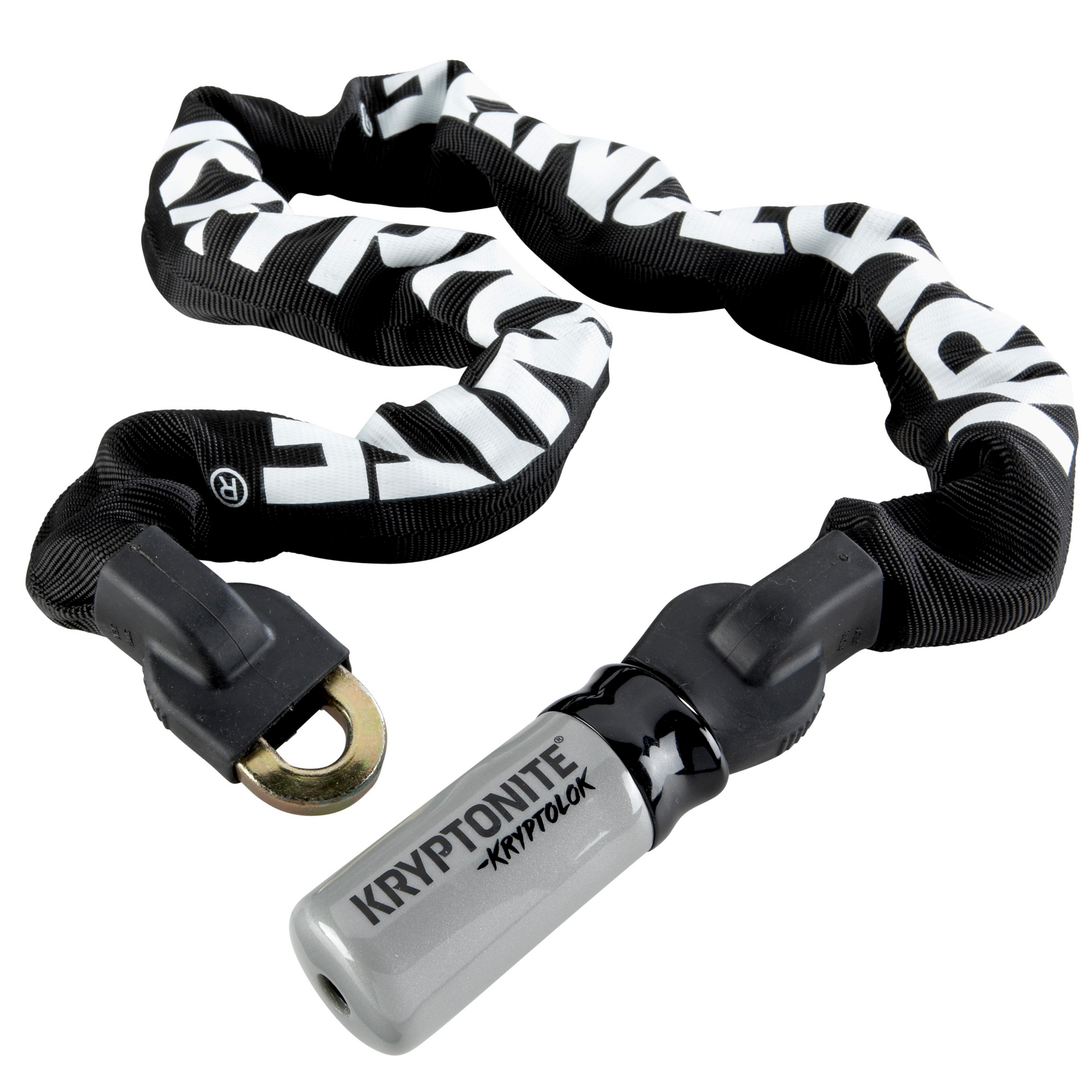 The Kryptonite Kryptolok 995 bike lock features a durable manganese steel chain with a black and white sleeve plus a silver cylindrical lock for enhanced anti-theft security.