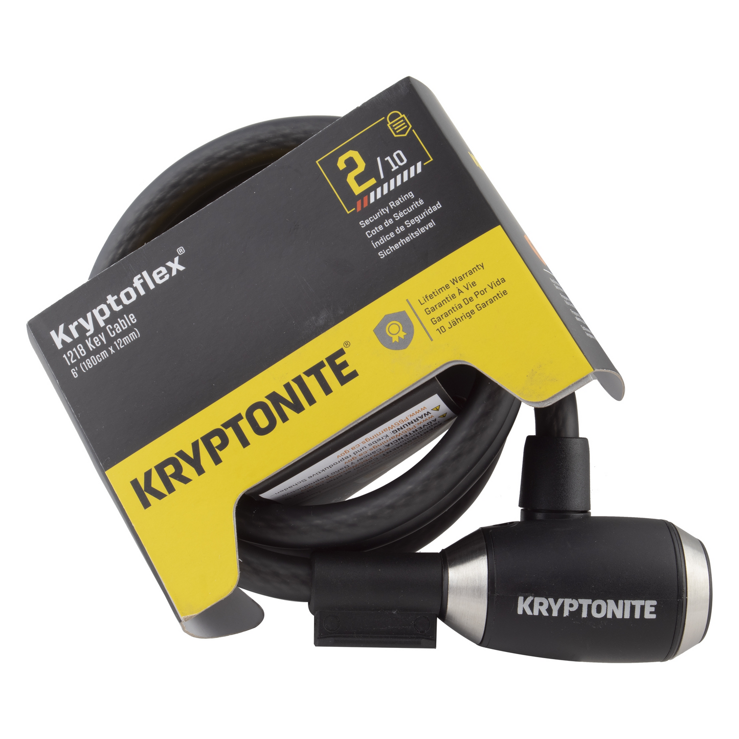 The Kryptonite KryptoFlex 1218 Combo Cable lock, from the brand Kryptonite, comes in a compact box and features a coiled combo lock. Its black and yellow design with a flexible braided steel cable offers extra-long length for stylish security on any cyclist's ride.