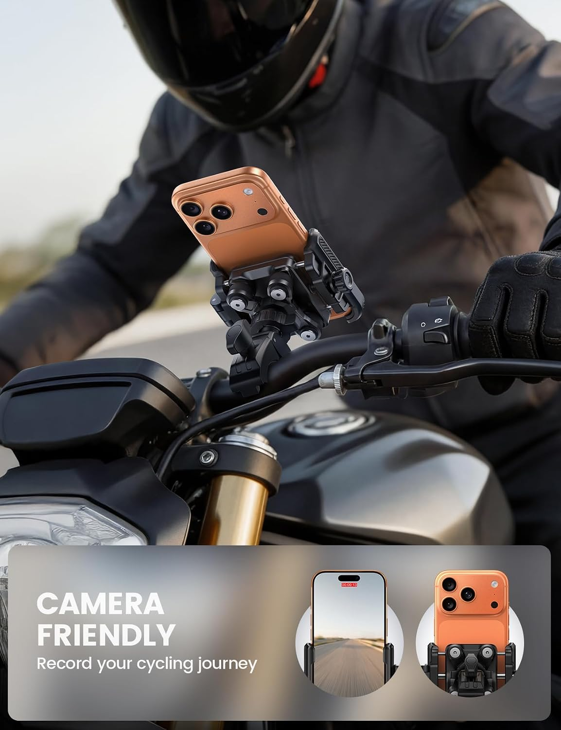 A motorcyclist rides with a smartphone mounted securely on the handlebars using the Tampa Bay eBikes Cell Phone Holder – Premium Camera Friendly Anti-Shake, while wearing gloves and a helmet. Text overlay reads: “Camera Friendly. Record your cycling journey.”.
