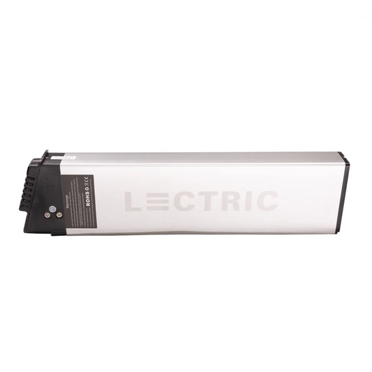 The Lectric - XP Lite Spare Battery by Lectric is a rectangular silver 48V lithium-ion battery with black connectors, shown on a white background—ideal as a backup power source for longer XP Lite rides.