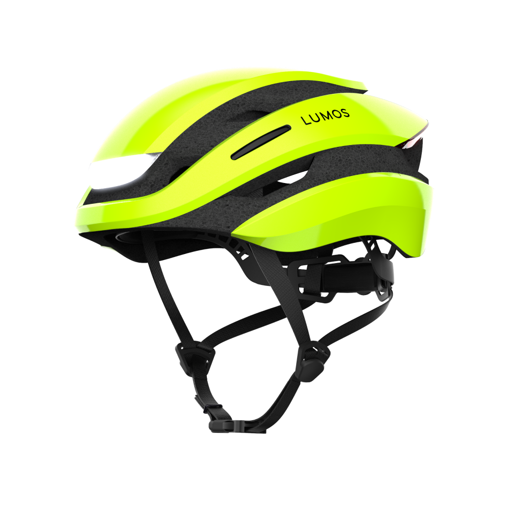 High-visibility yellow Lumos Ultra MIPS Helmet with integrated lights and branding on the side for enhanced cycling safety.