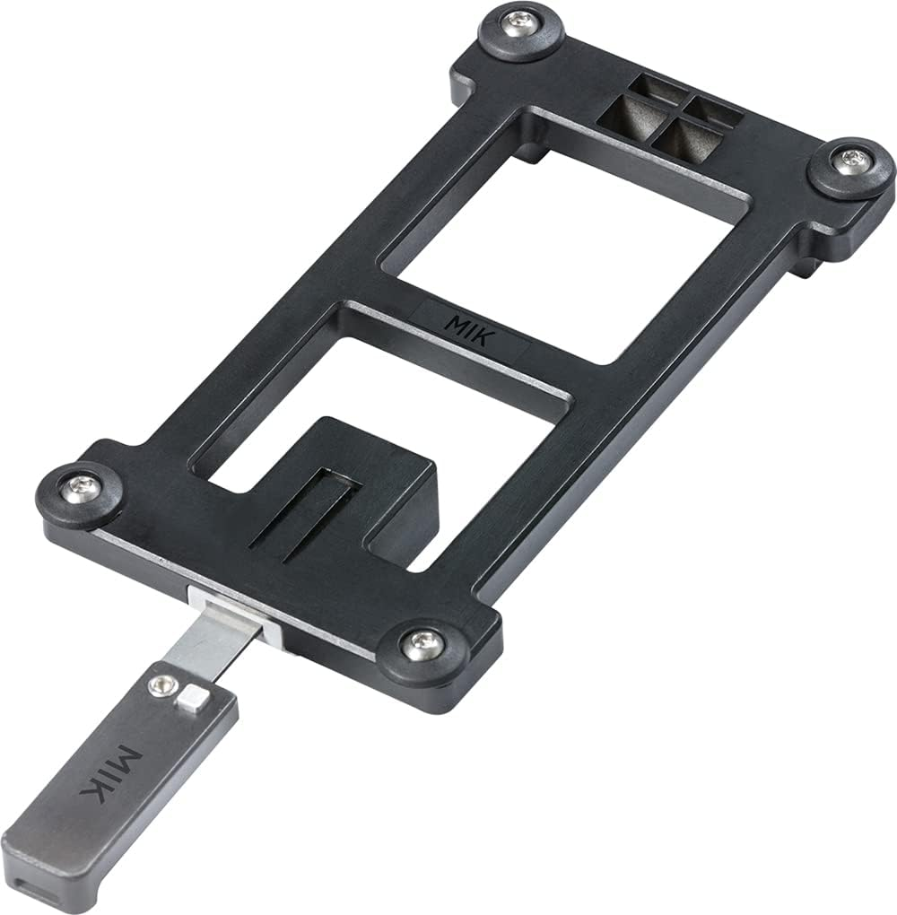 Black rectangular metal bracket with a handle, labeled "MIK," featuring multiple screw holes and slots. Compatible with the Bikase MIK Adapter Plate, it efficiently secures bicycle baskets.
