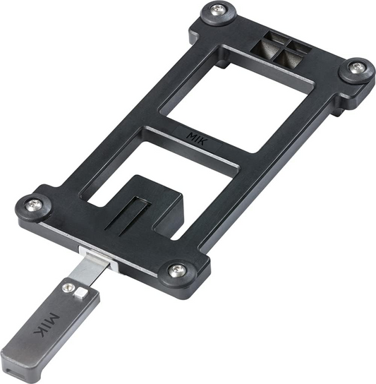 Black rectangular metal bracket with a handle, labeled "MIK," featuring multiple screw holes and slots. Compatible with the Bikase MIK Adapter Plate, it efficiently secures bicycle baskets.