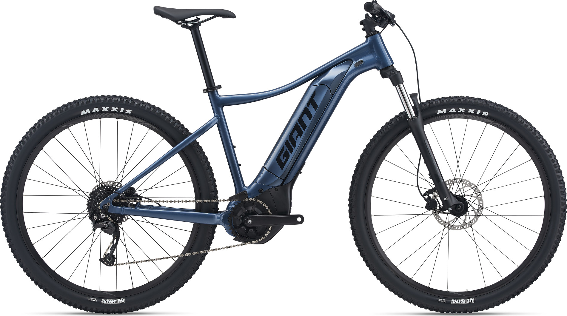 A blue electric mountain bike, featuring an ALUXX-grade aluminum frame, showcased against a white background, the Giant- Talon E+ 3.