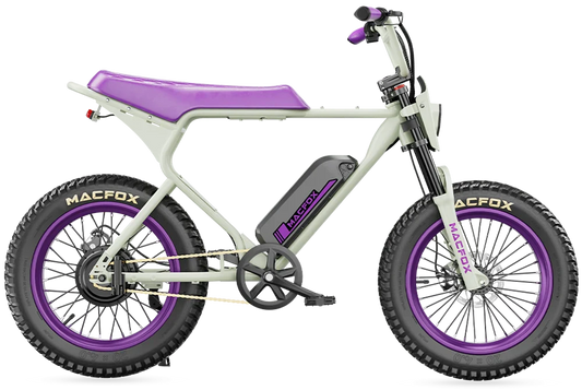 The Macfox - X1S by Macfox is a white and purple electric bike featuring thick tires, a high-torque motor, and a visible long-range battery pack seamlessly integrated into the frame.