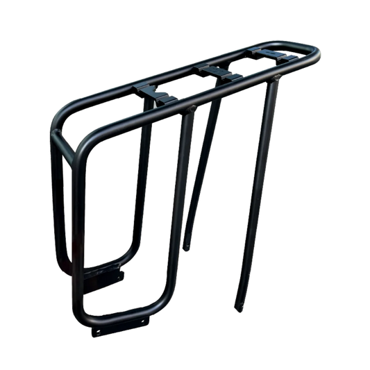 The Urtopia Rear Rack - MIK Fusion GT is designed for the Carbon Fold 1, featuring lightweight black aluminum construction, mounting points, and two sturdy support legs.