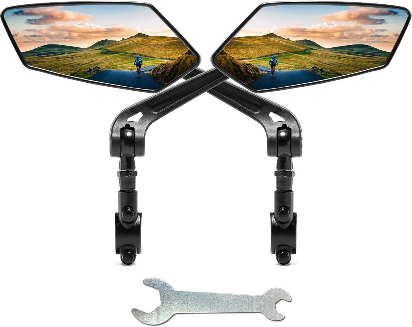 Two mirrors from Tampa Bay eBikes' "Mirrors - Premium Pair Handlebar" product set, display scenic landscapes and intersect artistically. Below them lies a wrench, complementing the setup with precision.