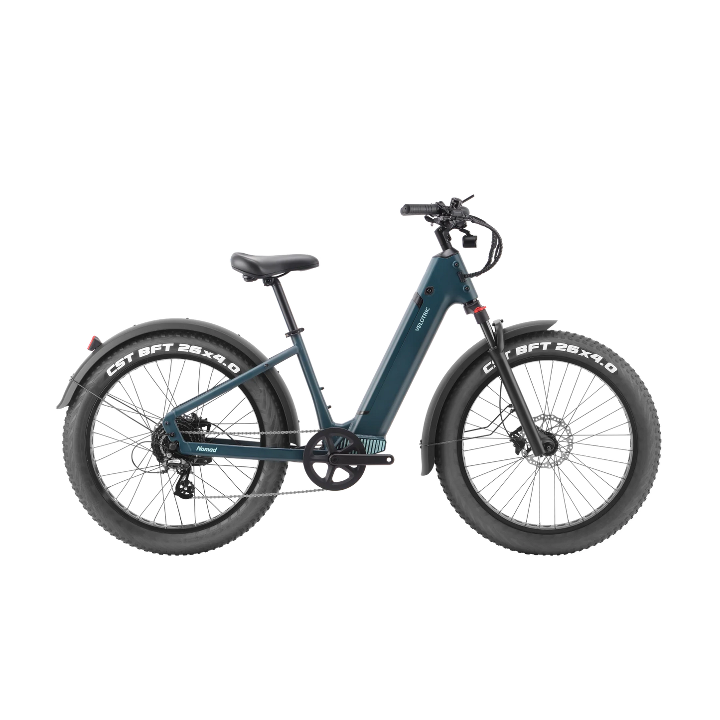 A Velotric - Nomad 1 - Step Through - Forest electric bike on a black background.