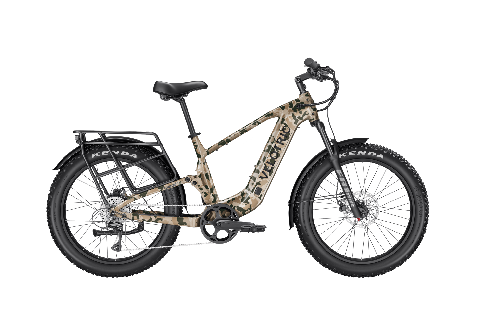 The Velotric Nomad 2X, a camouflage-patterned fat tire eBike by Velotric featuring a rear cargo rack, disc brakes, and Kenda tires, is shown in side profile against a white background.
