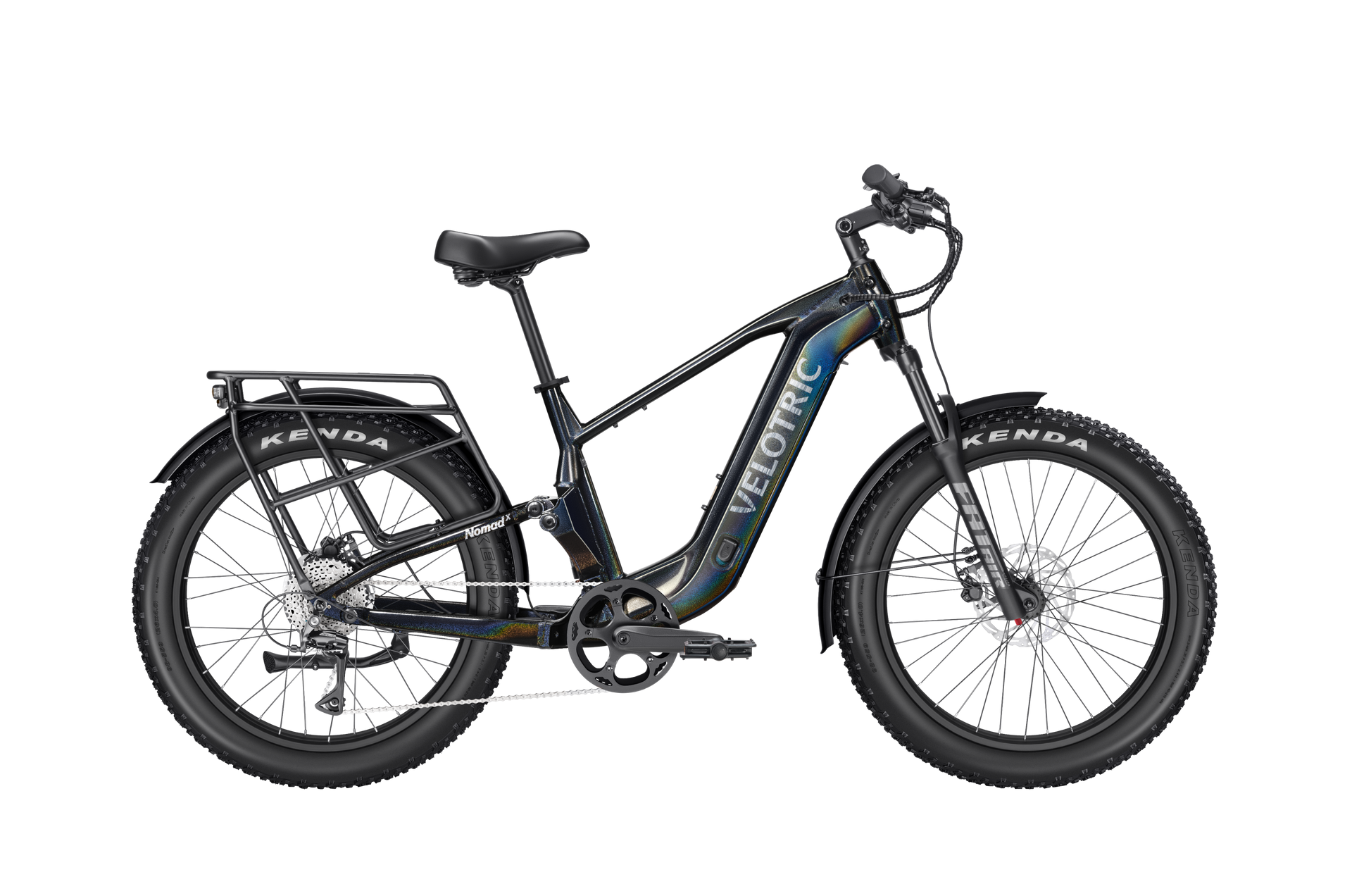 The Velotric Nomad 2X is a black all-terrain eBike with fat tires, disc brakes, a rear cargo rack, and a mid-step frame, shown from the side on a white background.