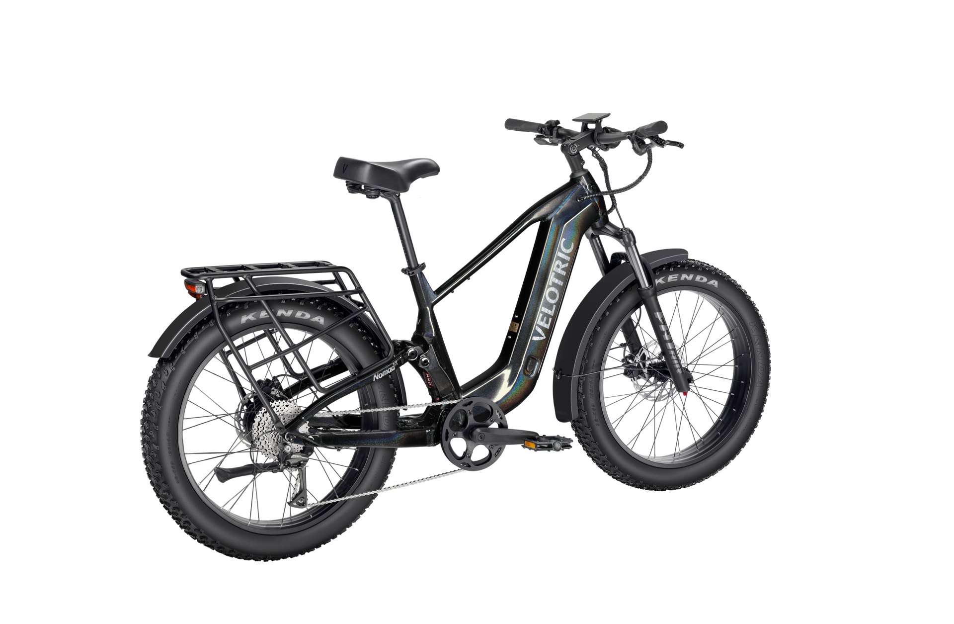The Velotric Nomad 2X, a black all-terrain eBike with fat tires, 750W motor, rear cargo rack, front suspension, and disc brakes is shown angled to highlight both wheels and its frame.