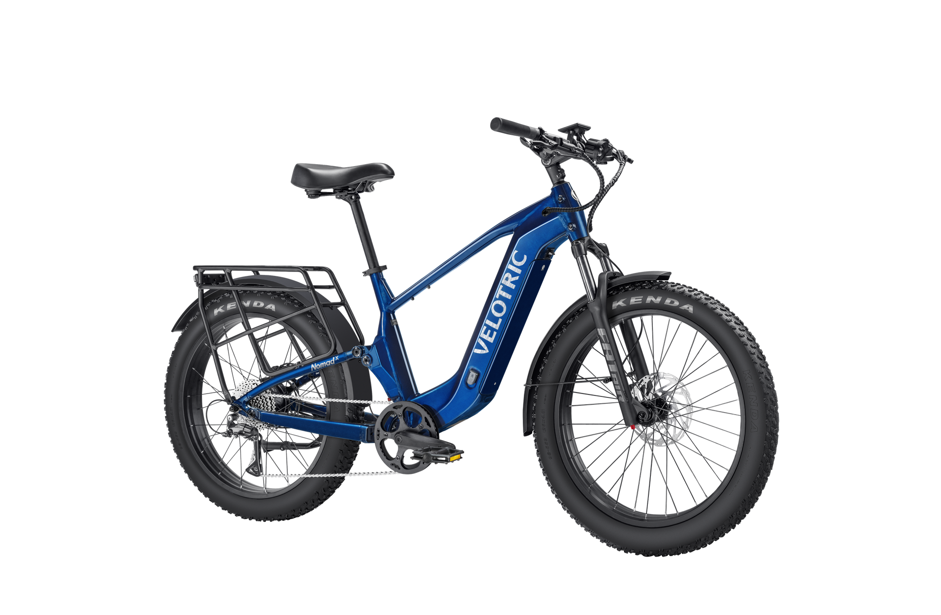 The Velotric Nomad 2X, a blue all-terrain eBike with a step-through frame, 750W motor, fat tires, rear cargo rack, front suspension, and disc brakes is shown on a white background.
