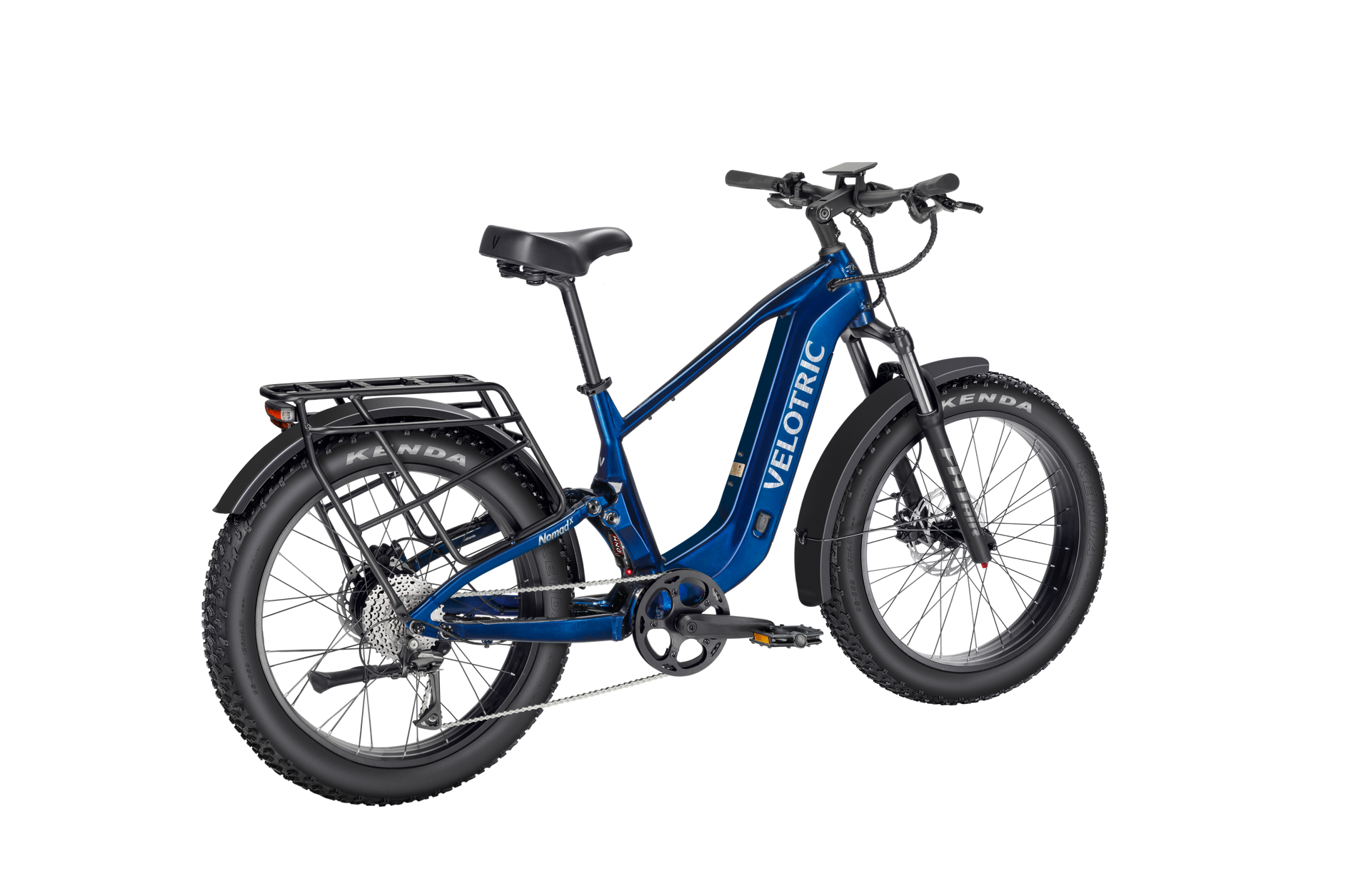 The Velotric Nomad 2X all-terrain eBike by Velotric features a 750W motor, fat tires, front suspension, rear cargo rack, and disc brakes—shown from a rear side angle on a white background.
