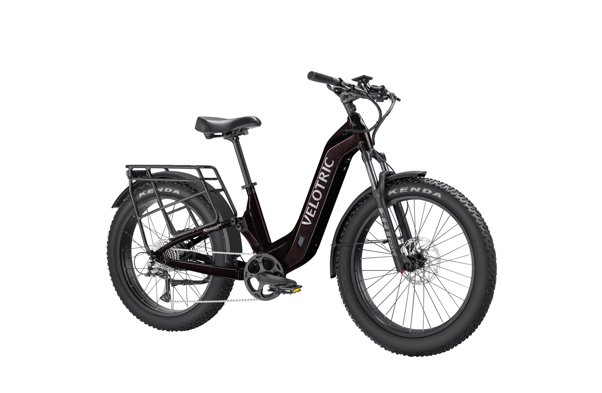 The Velotric Nomad 2X is a black all-terrain eBike with thick tires, rear cargo rack, front suspension fork, and integrated battery—ideal for adventure seekers. Shown on a white background. Brand: Velotric.