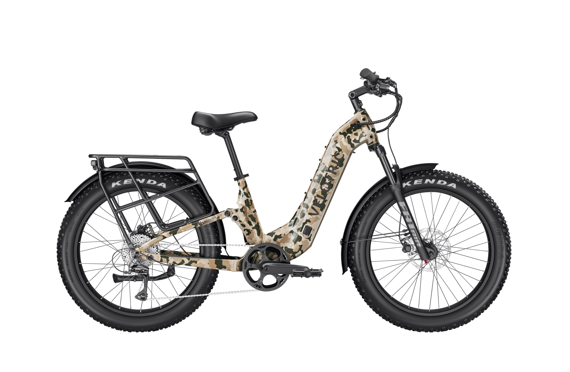 The Velotric Nomad 2X by Velotric is a camouflage-patterned fat tire eBike with a step-through frame, rear cargo rack, disc brakes, and rugged tires, shown in side view on a white background.