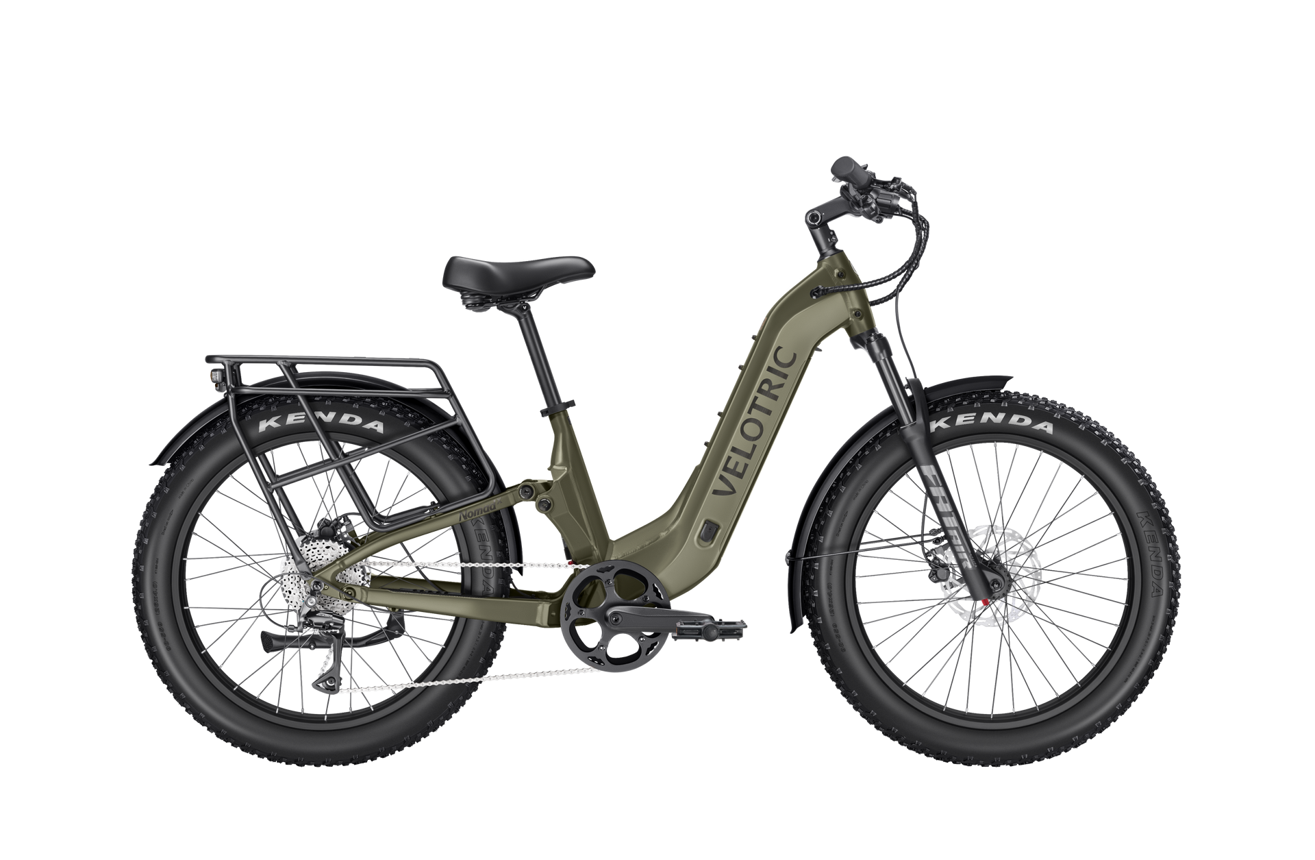 The olive green Velotric Nomad 2X is an all-terrain eBike with fat tires, rear cargo rack, disc brakes, and “Velotric” branding—ideal for adventurers seeking versatility and style.