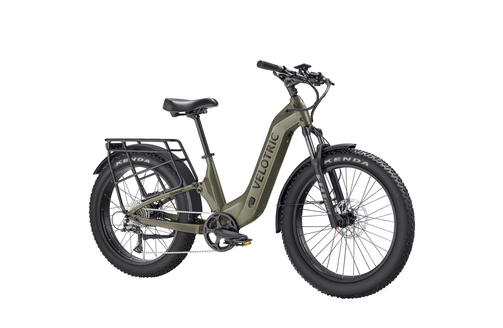 The Velotric Nomad 2X is a matte green all-terrain eBike with fat tires, step-through frame, rear cargo rack, front suspension fork, disc brakes, and a high-capacity battery. The Velotric brand name appears on the frame.