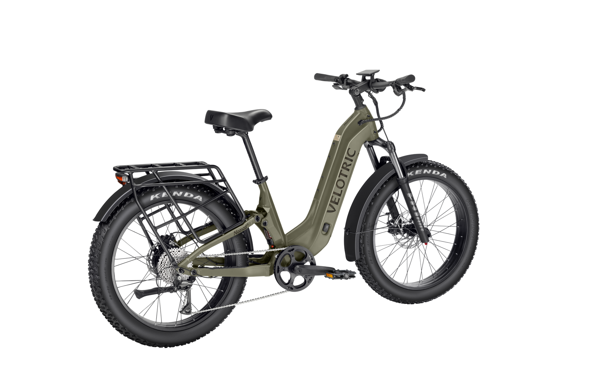 The Velotric Nomad 2X, an all-terrain green eBike with fat tires, a high-capacity battery, rear cargo rack, and upright handlebars, is shown from a rear-side angle on a white background.
