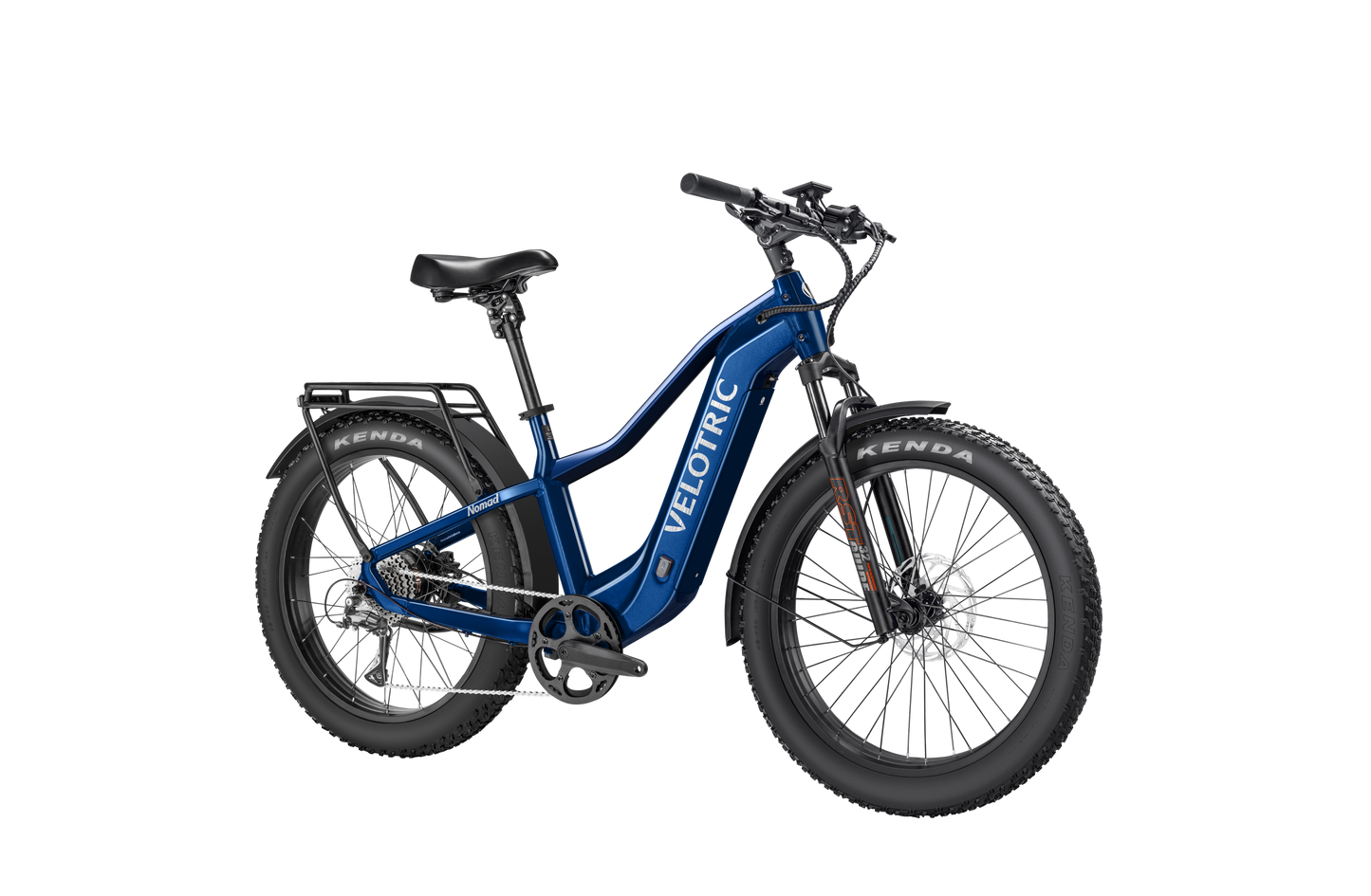 The Velotric Nomad 2, ideal for adventurers, boasts a step-through frame, disc brakes, wide tires, and a rear rack. This all-terrain blue eBike features a high-capacity battery for extended rides across varied landscapes.