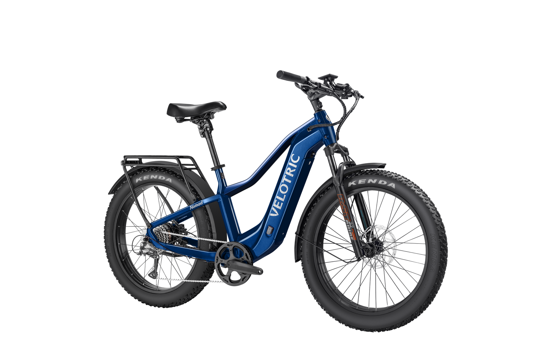 The Velotric Nomad 2, ideal for adventurers, boasts a step-through frame, disc brakes, wide tires, and a rear rack. This all-terrain blue eBike features a high-capacity battery for extended rides across varied landscapes.