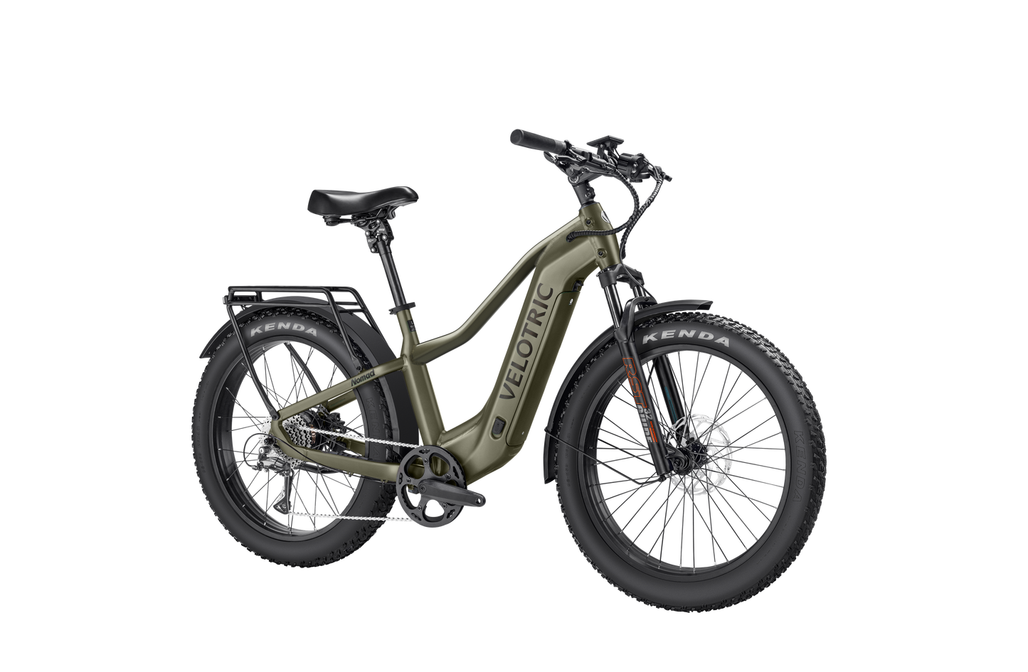 The Velotric Nomad 2, ideal for adventure enthusiasts, is an all-terrain eBike in green with thick tires, a step-through frame, disc brakes, and a rear rack. It is showcased on a white background.