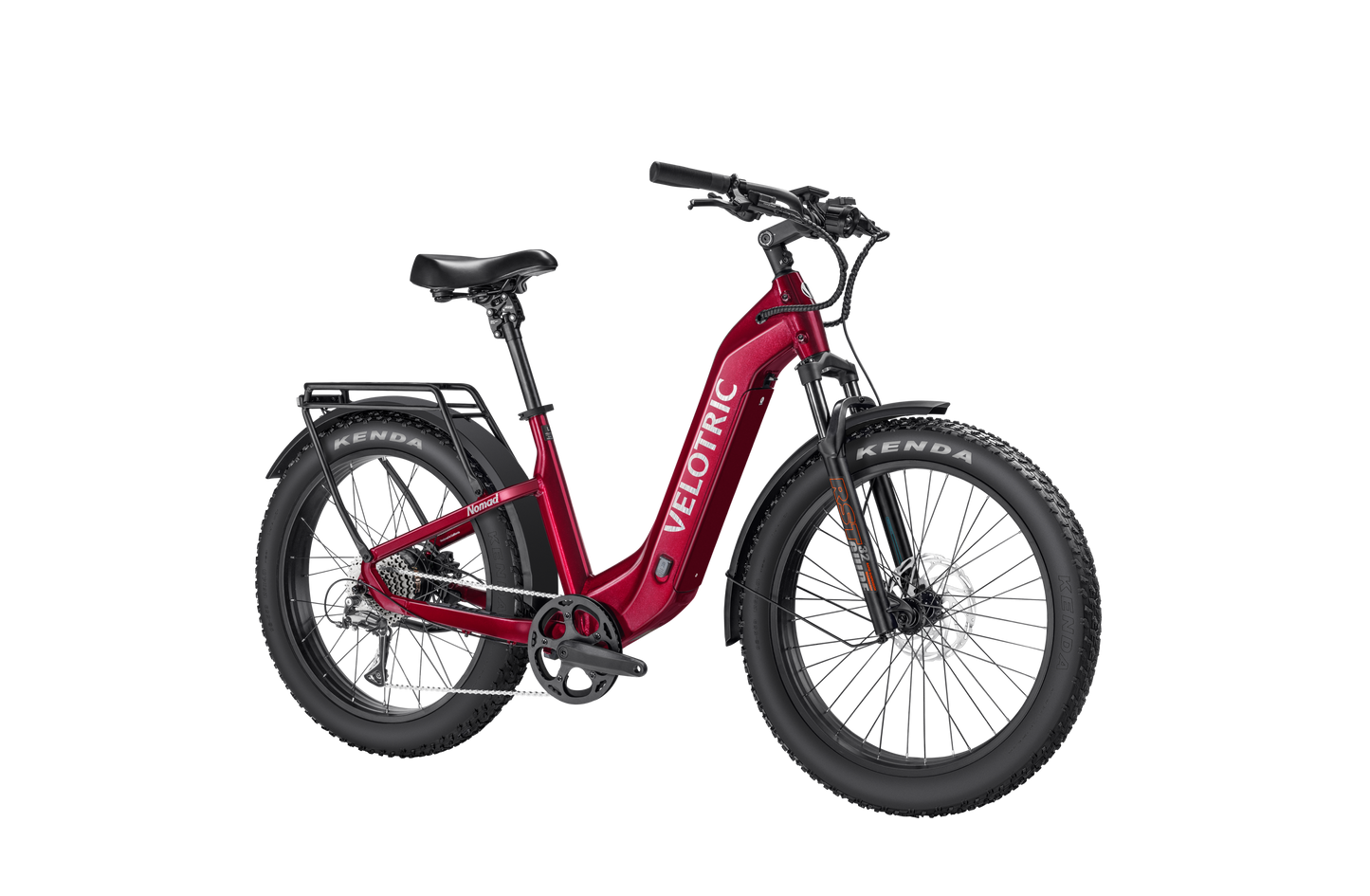 Discover the excitement of exploration with the red Velotric Nomad 2, perfect for adventure enthusiasts. This all-terrain eBike includes a step-through frame, black front and rear wheels, disc brakes, a long-lasting battery, and a rear cargo rack.