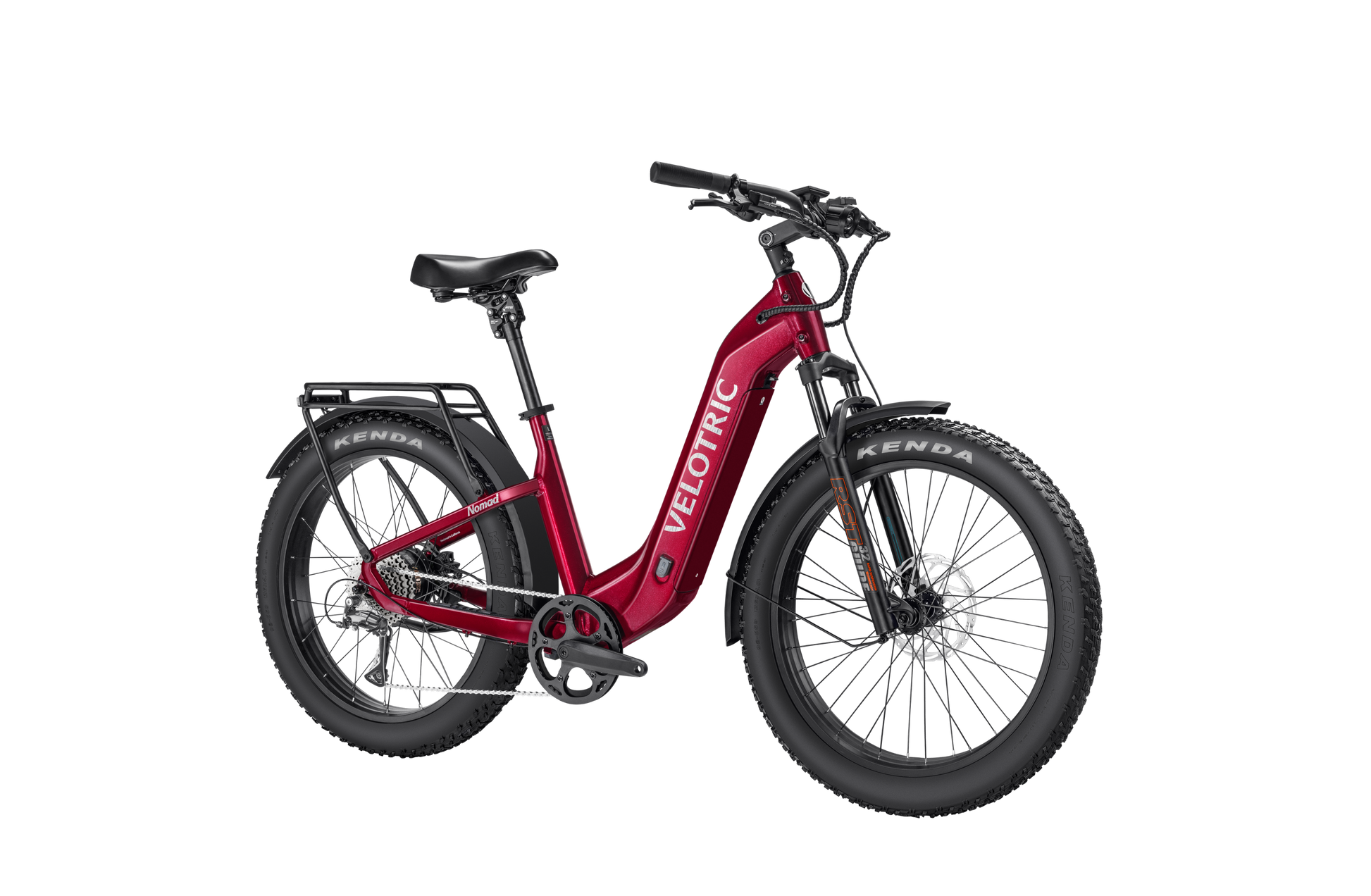 Discover the excitement of exploration with the red Velotric Nomad 2, perfect for adventure enthusiasts. This all-terrain eBike includes a step-through frame, black front and rear wheels, disc brakes, a long-lasting battery, and a rear cargo rack.