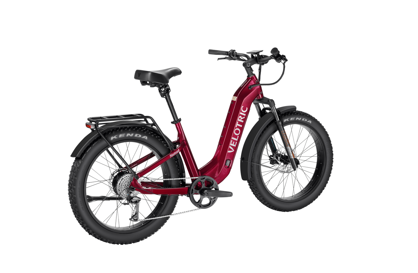 The Velotric Nomad 2 all-terrain eBike boasts wide tires, a step-through frame, rear rack, and handlebars. Designed for adventure seekers, its high-capacity battery makes it path-ready. Displayed on a white background, this red bike is built to conquer any terrain.