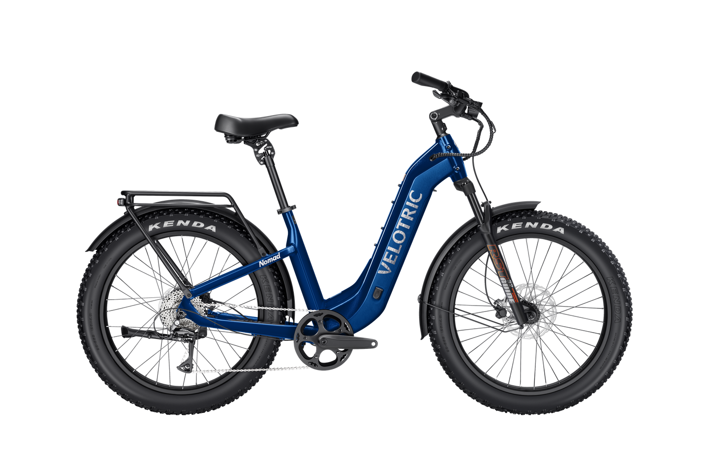 The Velotric - Nomad 2, ideal for adventure enthusiasts, features a vibrant blue step-through frame. Equipped with wide Kenda tires and all-terrain capabilities, it includes a high-capacity battery and a convenient rear rack for all your cycling trips.
