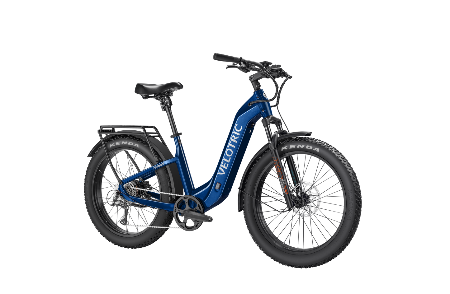 Explore new adventures with the Velotric - Nomad 2, an electric bike featuring a step-through frame, all-terrain capabilities, wide tires, disc brakes, and a high-capacity battery. The brand name "Velotric" is proudly displayed on the frame. Perfect for adventure seekers on any path.