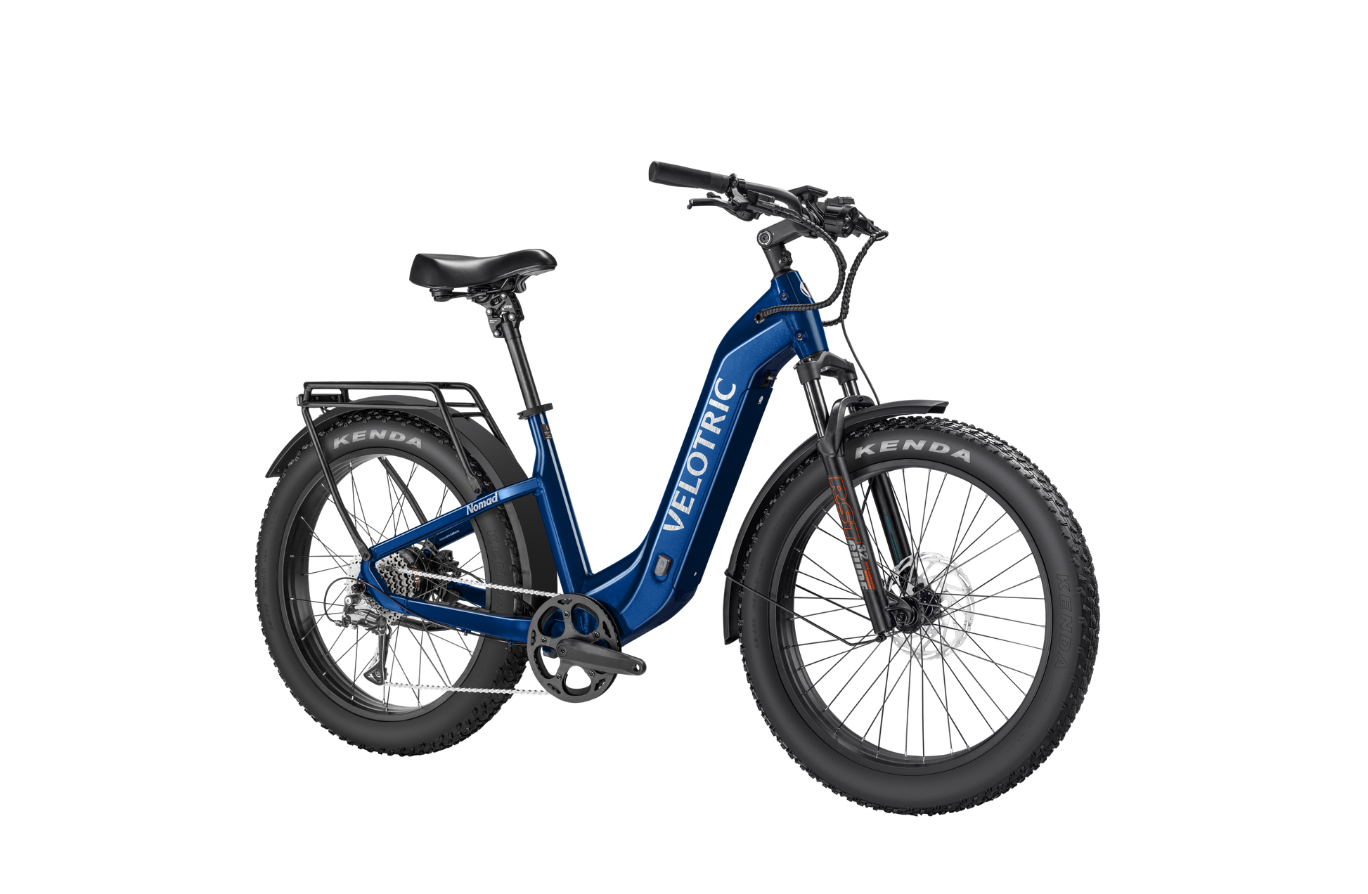 Explore new adventures with the Velotric - Nomad 2, an electric bike featuring a step-through frame, all-terrain capabilities, wide tires, disc brakes, and a high-capacity battery. The brand name "Velotric" is proudly displayed on the frame. Perfect for adventure seekers on any path.