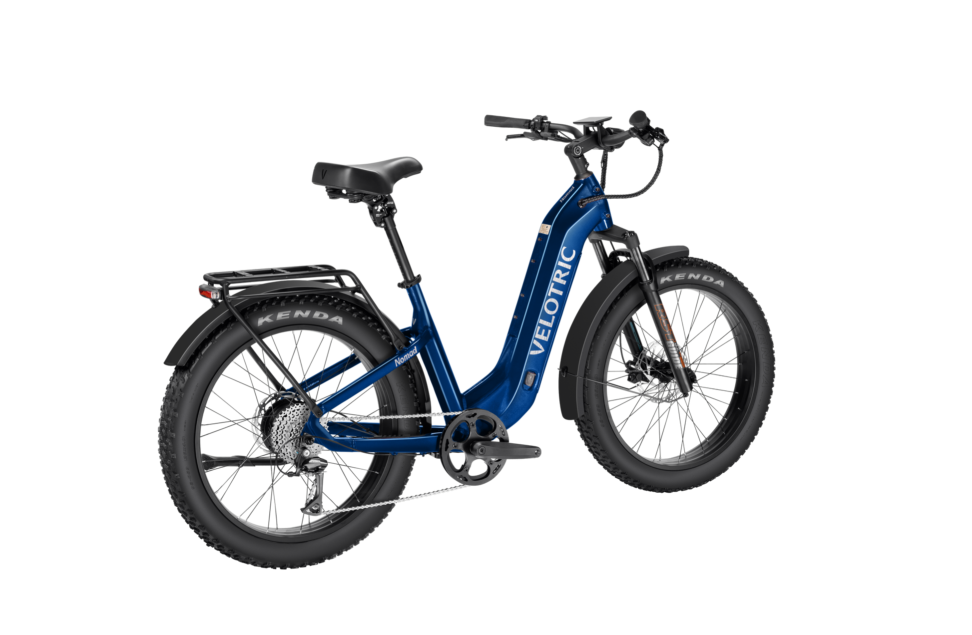 The Velotric Nomad 2, a blue electric bike perfect for adventure seekers, features a step-through frame, black seat, and wide tires. Designed as an all-terrain eBike, it includes a high-capacity battery, rear rack, and disc brakes for your explorations.