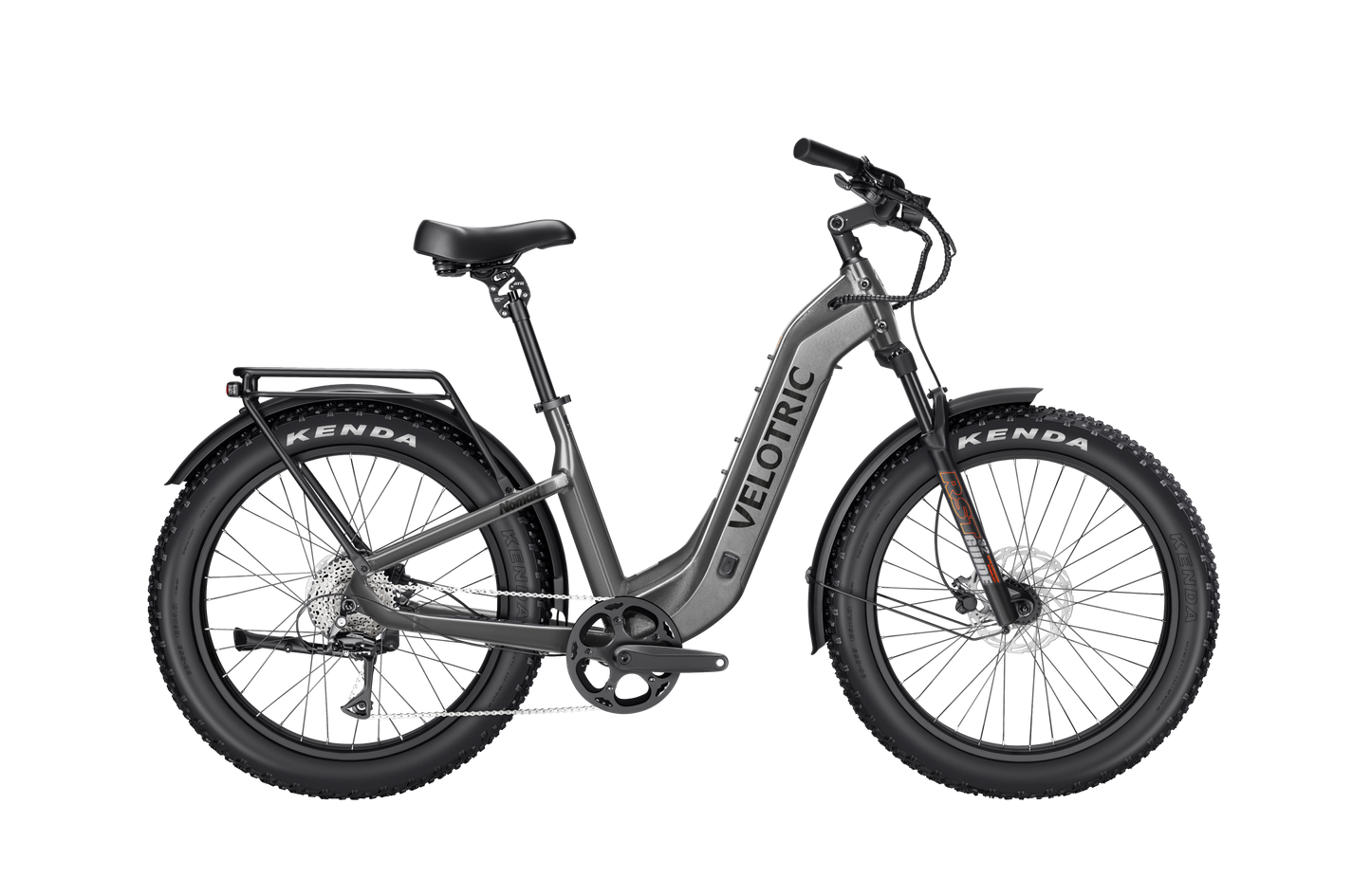 The Velotric Nomad 2 all-terrain eBike features a gray step-through frame and sturdy Kenda fat tires, displayed against a white backdrop. It has a sleek black seat and handlebars, ideal for versatile adventures.