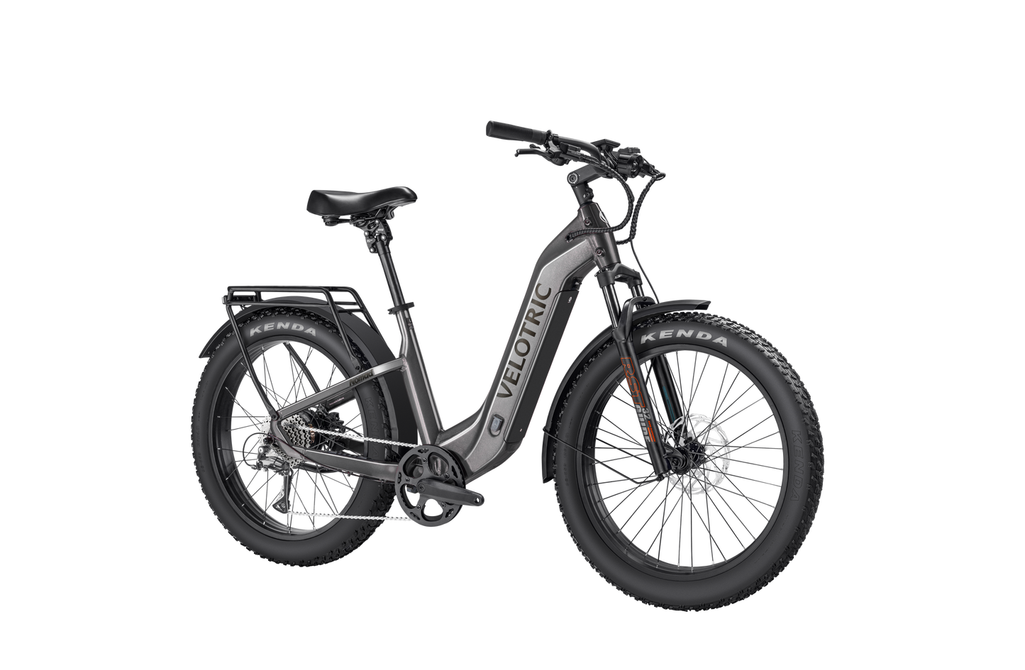 The Velotric Nomad 2, ideal for adventure enthusiasts, includes a step-through frame, wide tires, front suspension fork, disc brakes, and a high-capacity battery for all-terrain exploration.