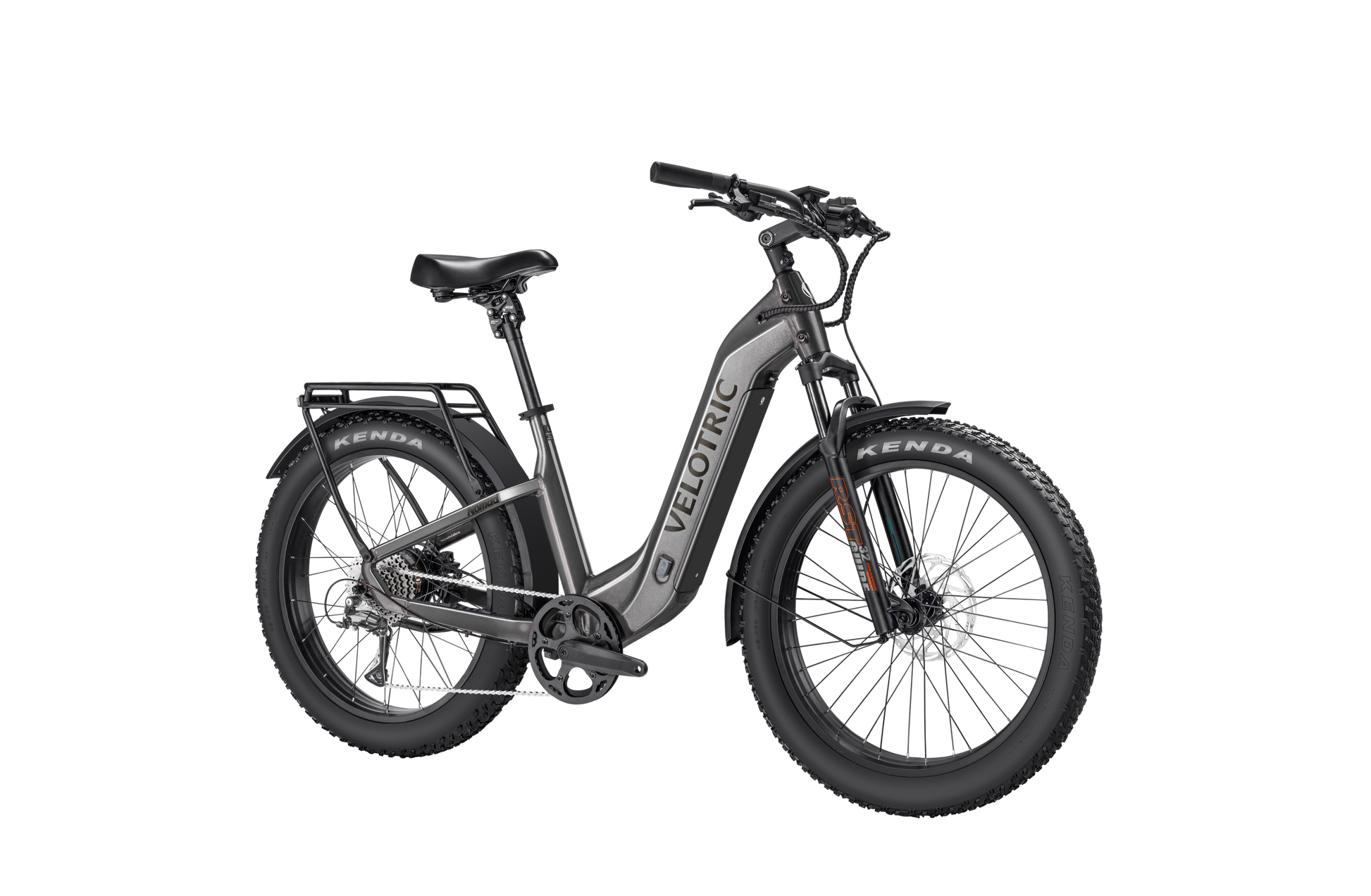 The Velotric Nomad 2, ideal for adventure enthusiasts, includes a step-through frame, wide tires, front suspension fork, disc brakes, and a high-capacity battery for all-terrain exploration.