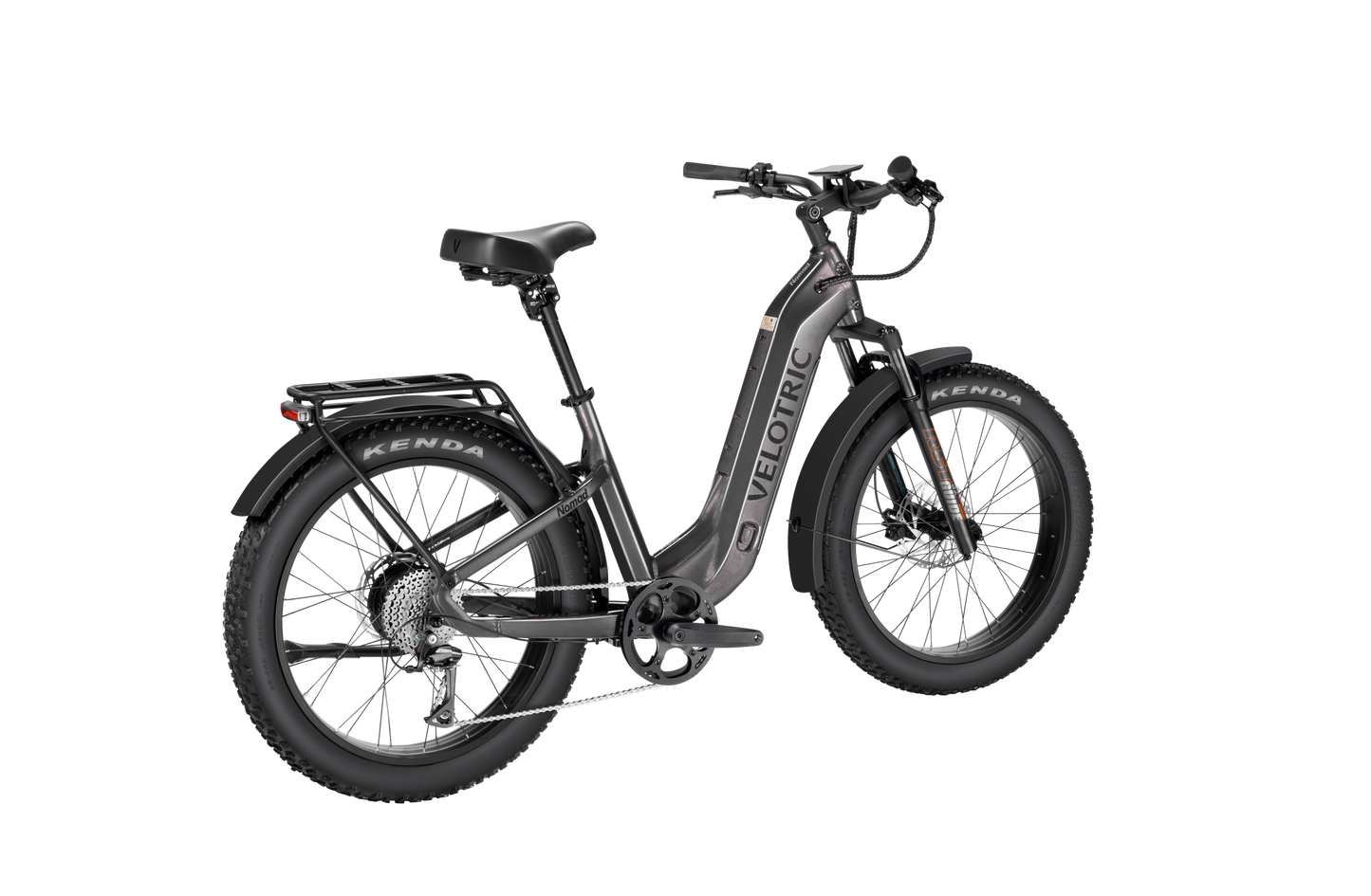 The Velotric Nomad 2 eBike, featuring fat tires, a step-through frame, and a rear cargo rack, is shown from a rear left angle in black—ideal for adventure enthusiasts.