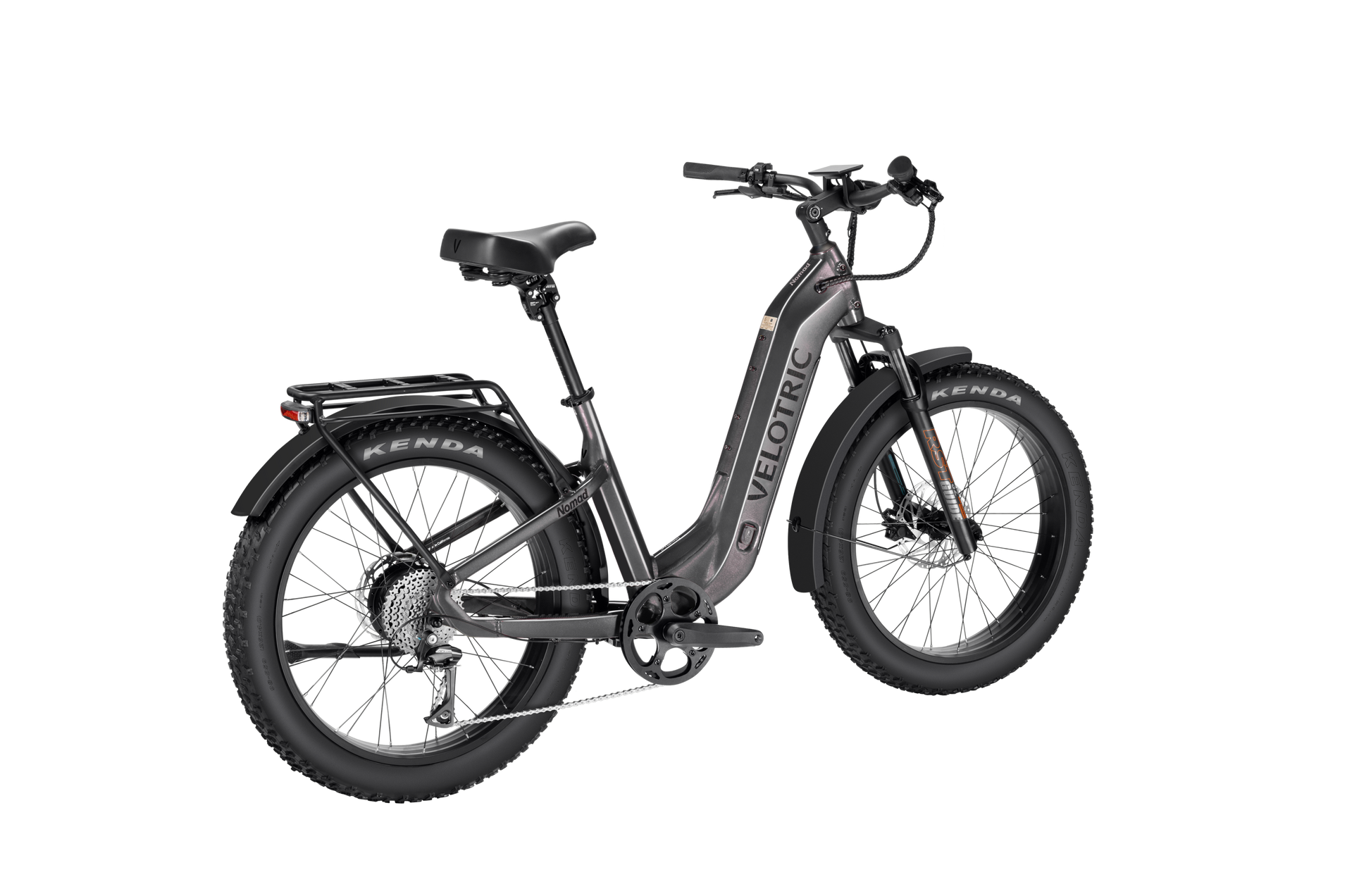 The Velotric Nomad 2 eBike, featuring fat tires, a step-through frame, and a rear cargo rack, is shown from a rear left angle in black—ideal for adventure enthusiasts.
