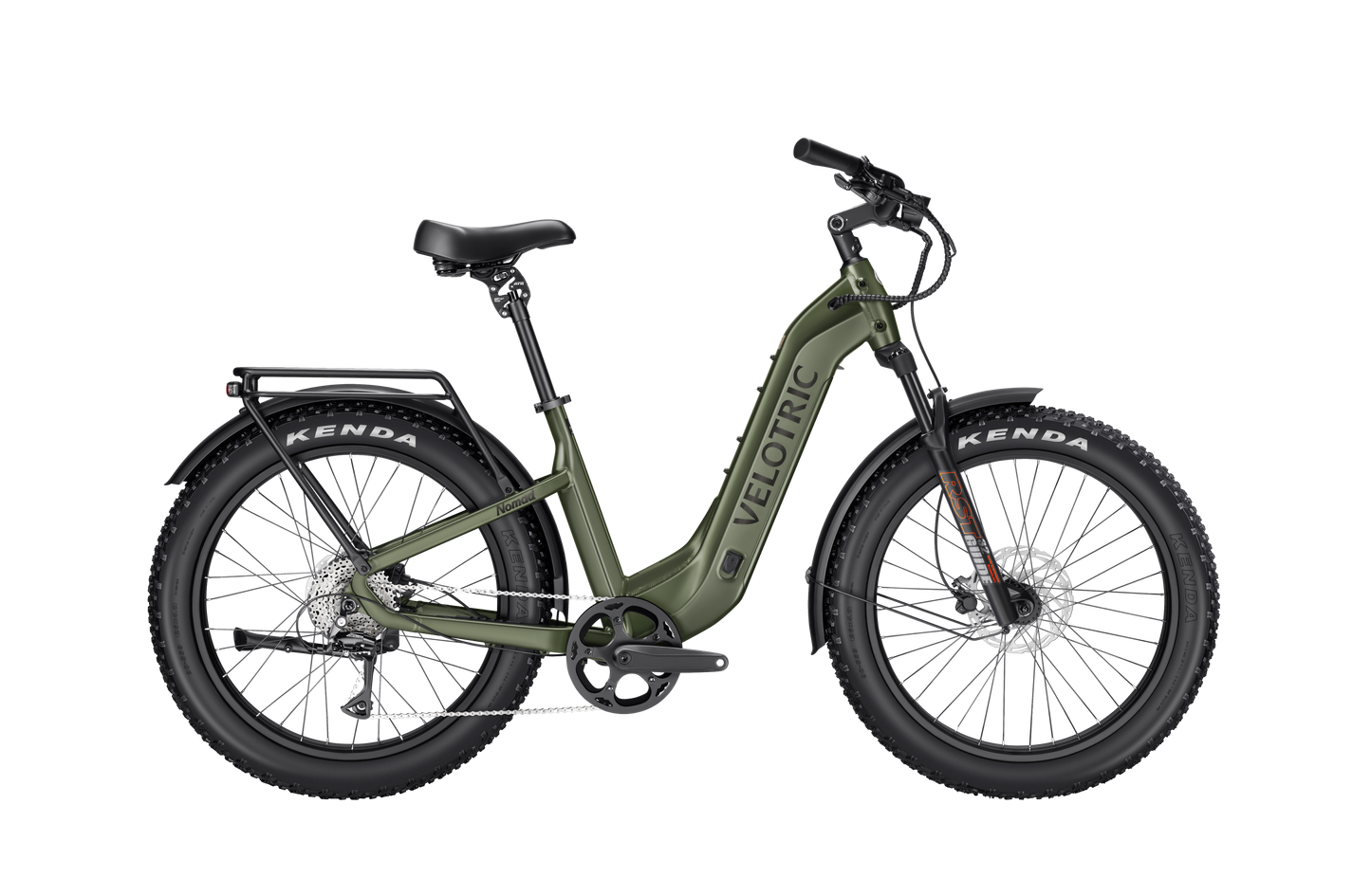 The Velotric Nomad 2, an all-terrain eBike ideal for adventurous riders, showcases a green step-through frame, complemented by a black seat and handlebar, and equipped with sturdy Kenda tires to seamlessly navigate diverse landscapes.