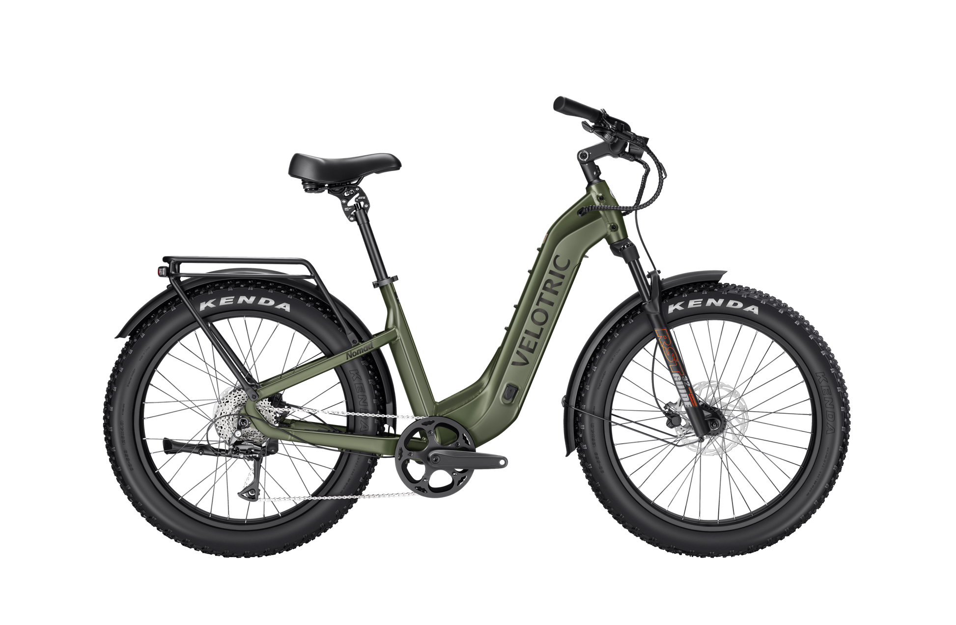 The Velotric Nomad 2, an all-terrain eBike ideal for adventurous riders, showcases a green step-through frame, complemented by a black seat and handlebar, and equipped with sturdy Kenda tires to seamlessly navigate diverse landscapes.
