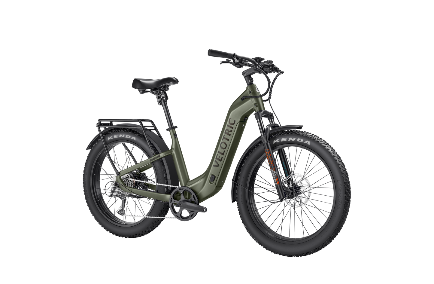 The Velotric - Nomad 2 is a green all-terrain electric bicycle perfect for adventure seekers, featuring large tires, disc brakes, a black seat, and a high-capacity battery for extended journeys.