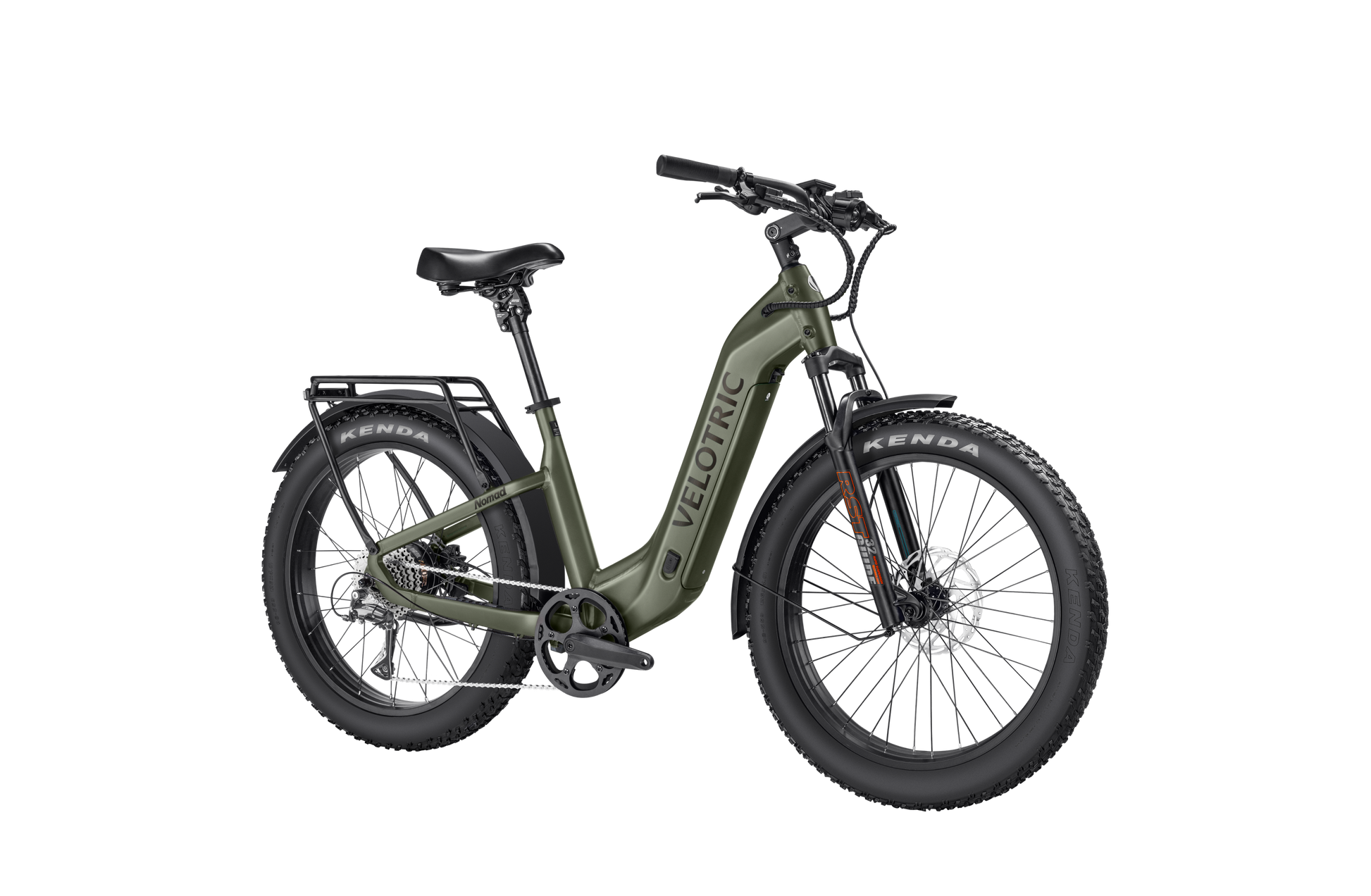 The Velotric - Nomad 2 is a green all-terrain electric bicycle perfect for adventure seekers, featuring large tires, disc brakes, a black seat, and a high-capacity battery for extended journeys.