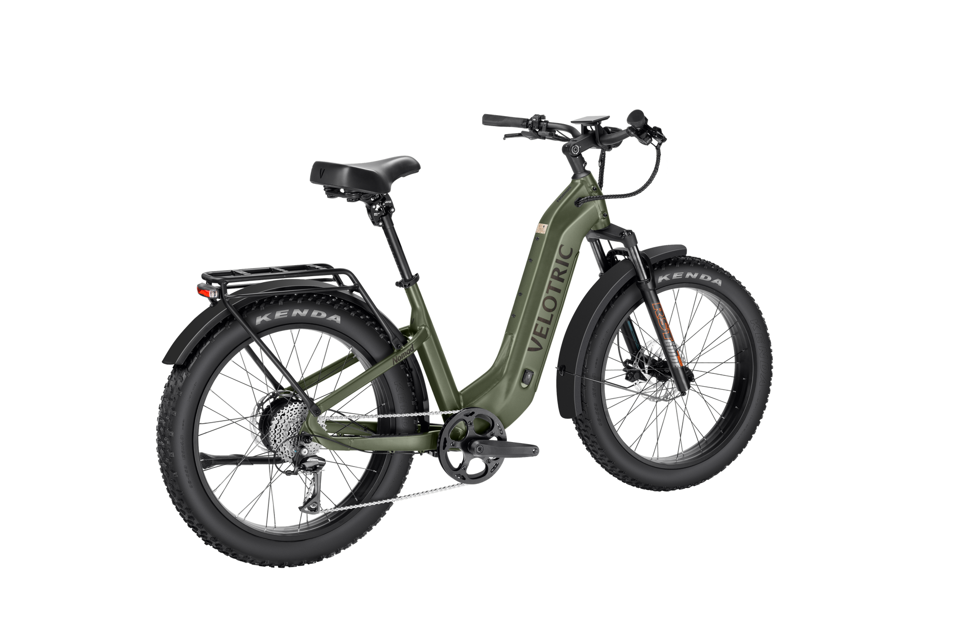The Velotric Nomad 2 eBike, ideal for adventure seekers, boasts large tires, black handlebars, and a rear rack. This all-terrain bike includes a high-capacity battery to power any journey.