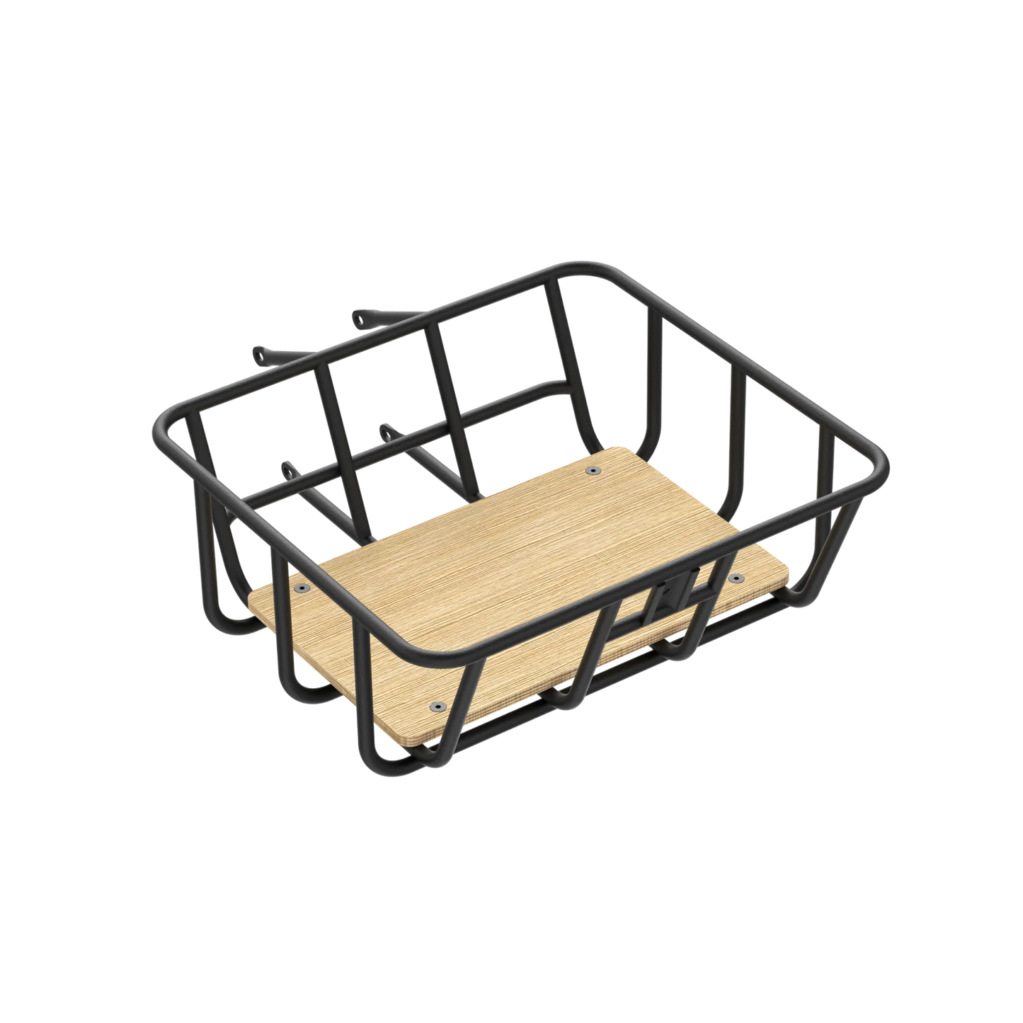 A Velotric Front Basket with a wooden shelf.