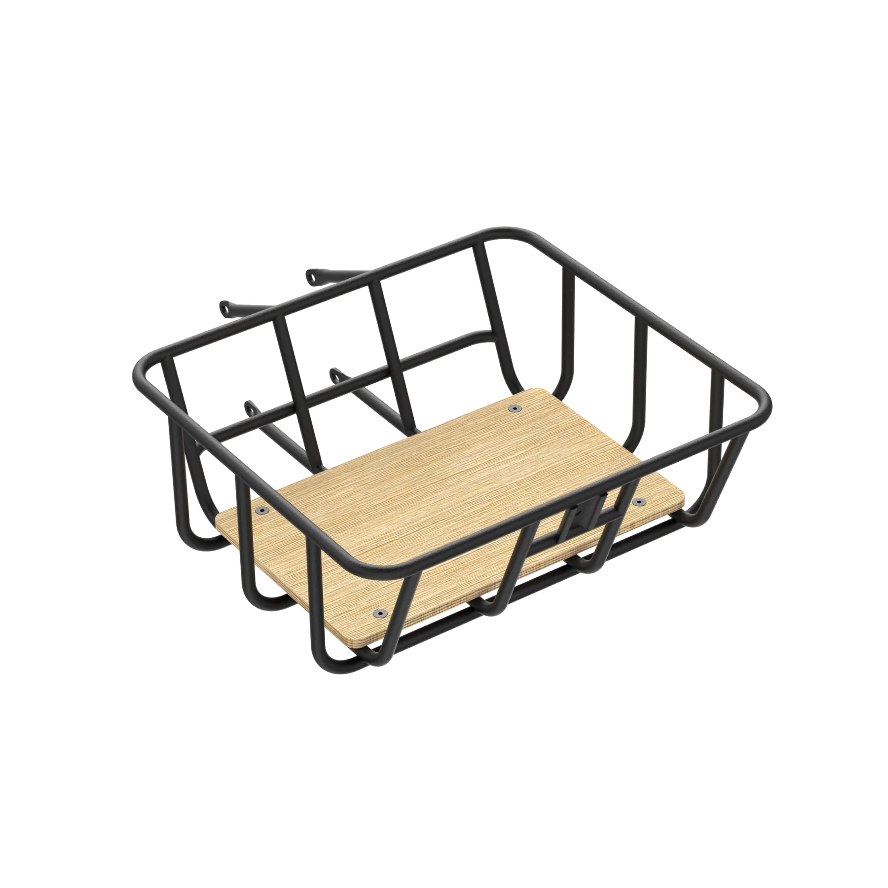 A Velotric Front Basket with a wooden shelf.