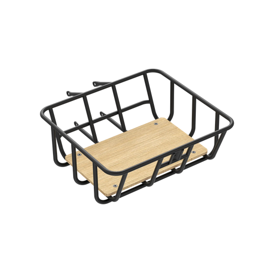 A Velotric Front Basket with a wooden shelf.