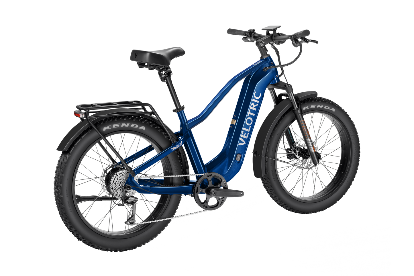 The Velotric Nomad 2, an adventure-ready e-bike, boasts thick tires and a step-through frame. Equipped with a high-capacity battery, rear cargo rack, and disc brakes, it’s perfect for any journey. Pictured from the side on a plain background, this all-terrain e-bike is built for exploration.